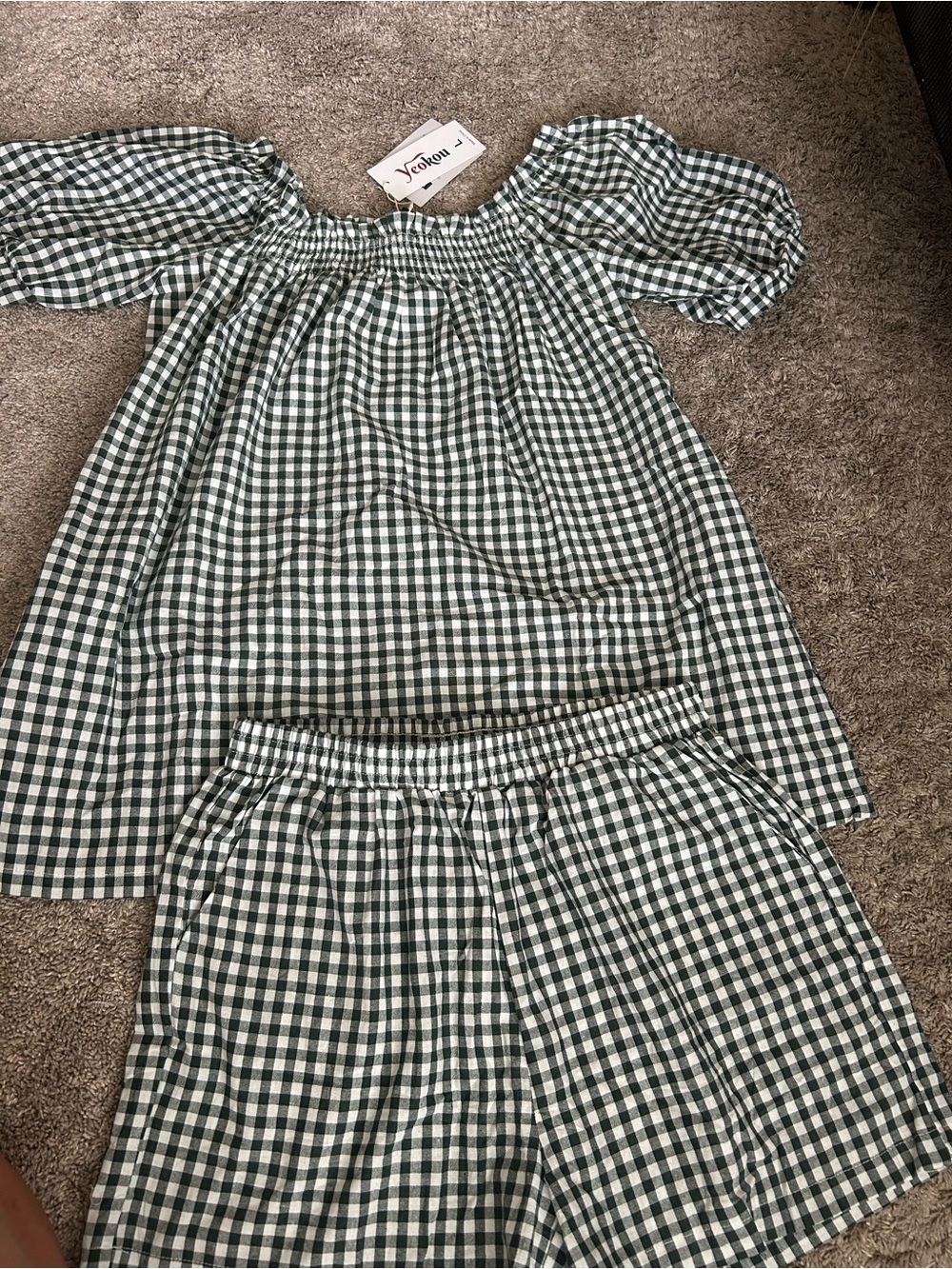 Amazon Green and White Gingham Off-Shoulder Top and Shorts Set